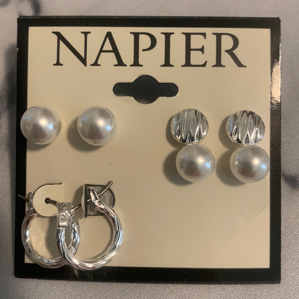 Nwt Napier Pearl And Silver Earring Set Of 3